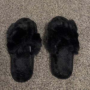 🆕Women's Black Fuzzy Slippers Cross Band Memory Foam Faux-fur Open Toe Shoes
